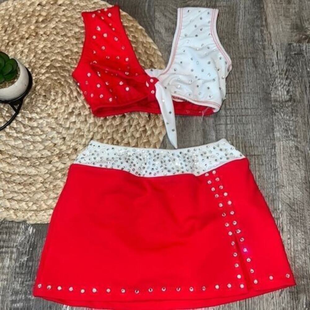 Red and White Kids Dance Costume Set with Rhinestone Accents